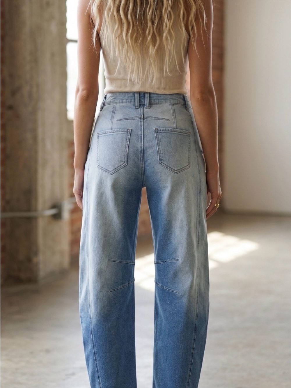 NWT Washed Center Seam Cropped Barrel Jeans Relaxed Fit Denim Pants - Picture 4 of 9
